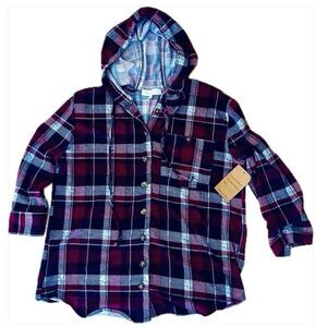 NWT Eden & Olivia S Burgundy & Navy Blue Plaid Button Down Stretchy Hoodie Shirt
